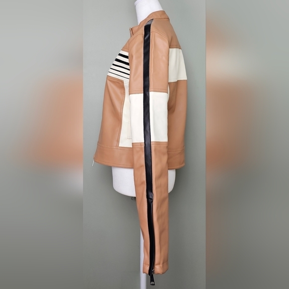 Vegan Leather Striped Color-block Moto Jacket Brown White MEDIUM - Picture 8 of 14